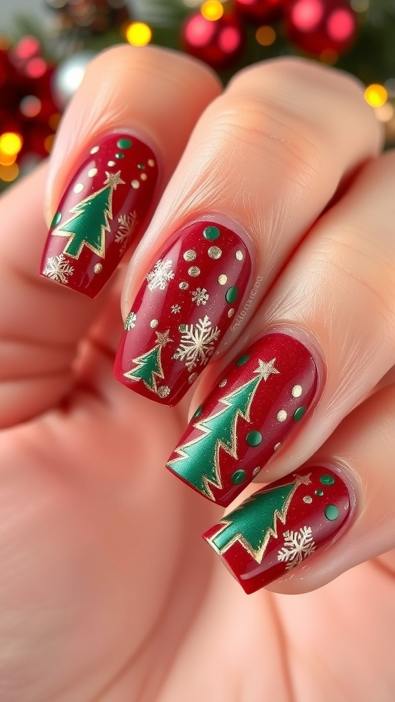 Elegant Christmas nail design with red, green, and gold accents.